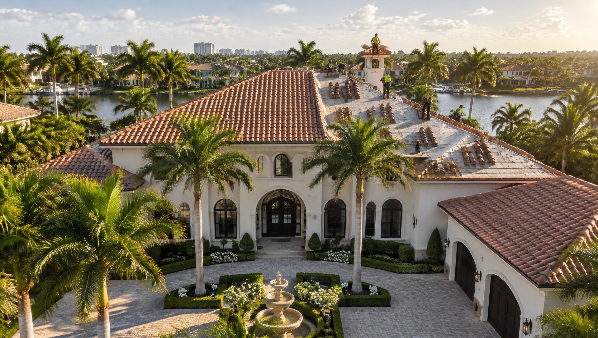 Luxury Boca Raton home with a clay tile roof halfway installed by Gold Coast crews