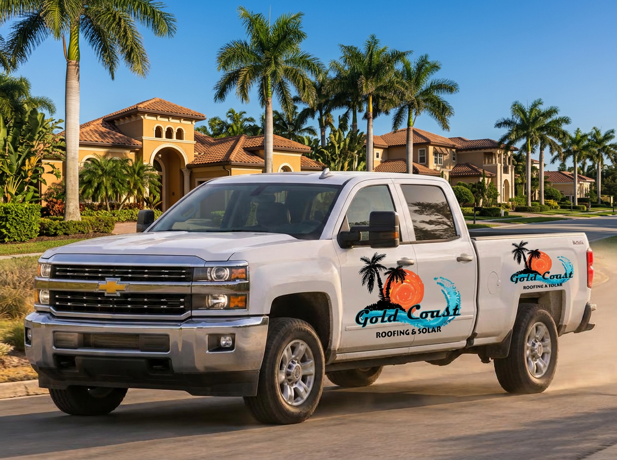 Gold Coast Roofing & Solar truck with the company logo driving through a South Florida neighborhood with tile roofs